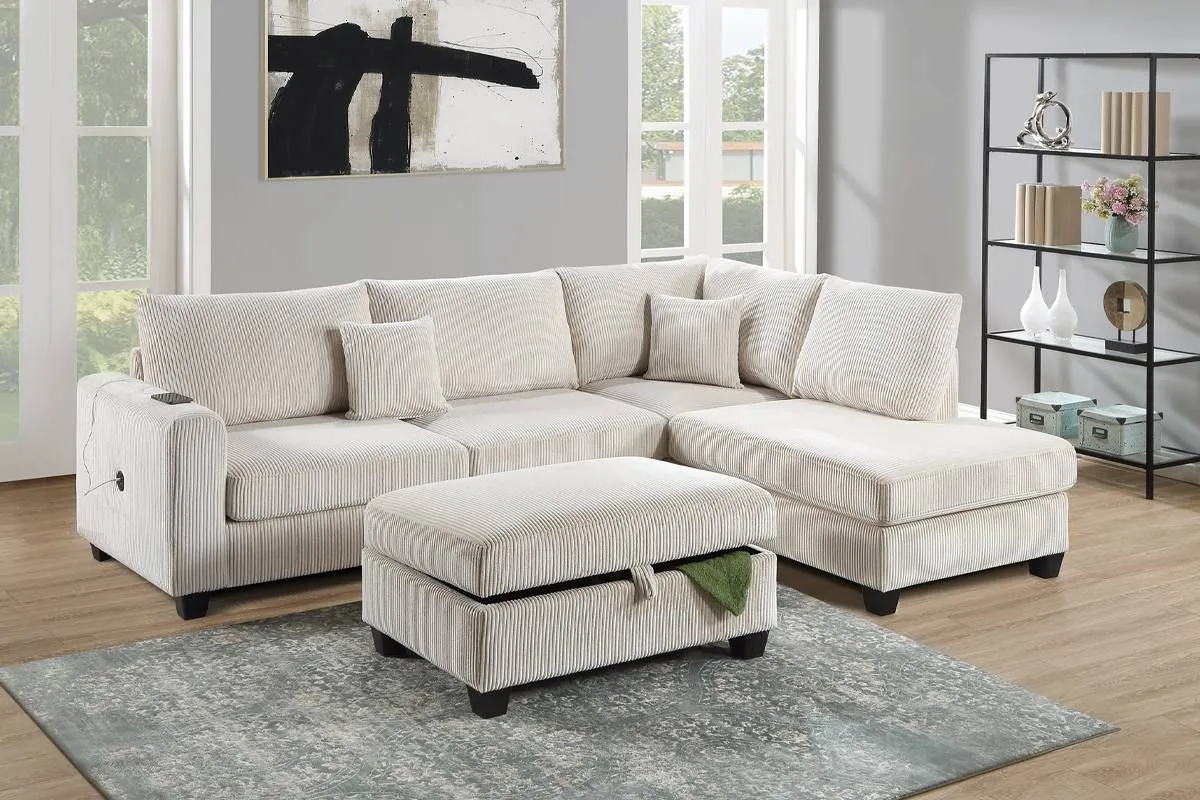 3-Piece Sectional Sofa (RAF Chaise + LAF Sofa W/ USB Port + Storage Ottoman)