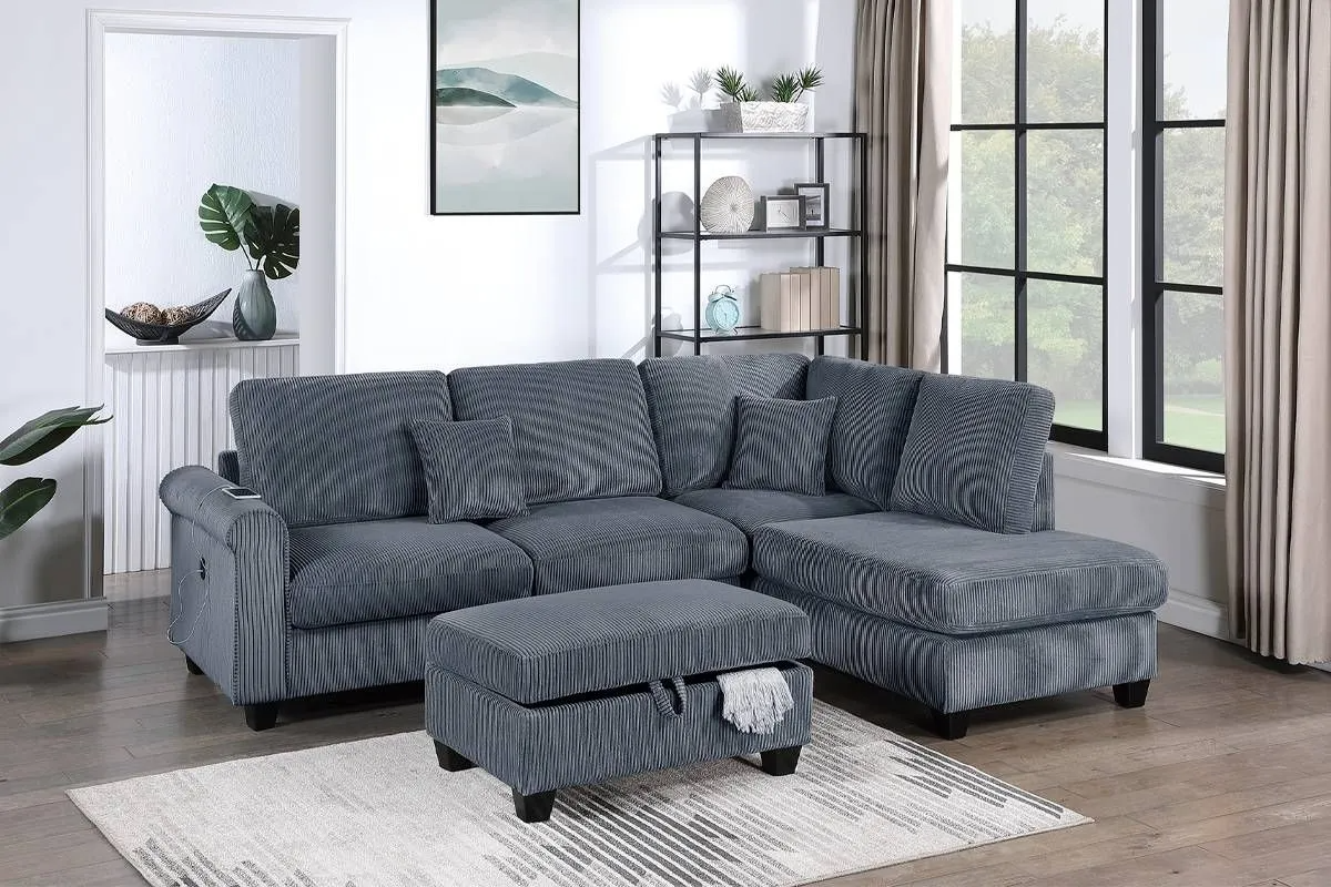 3-Piece Sectional Sofa (RAF Chaise + LAF Sofa W/ USB Port + Storage Ottoman)