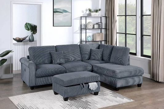 3-Piece Sectional Sofa (RAF Chaise + LAF Sofa W/ USB Port + Storage Ottoman)