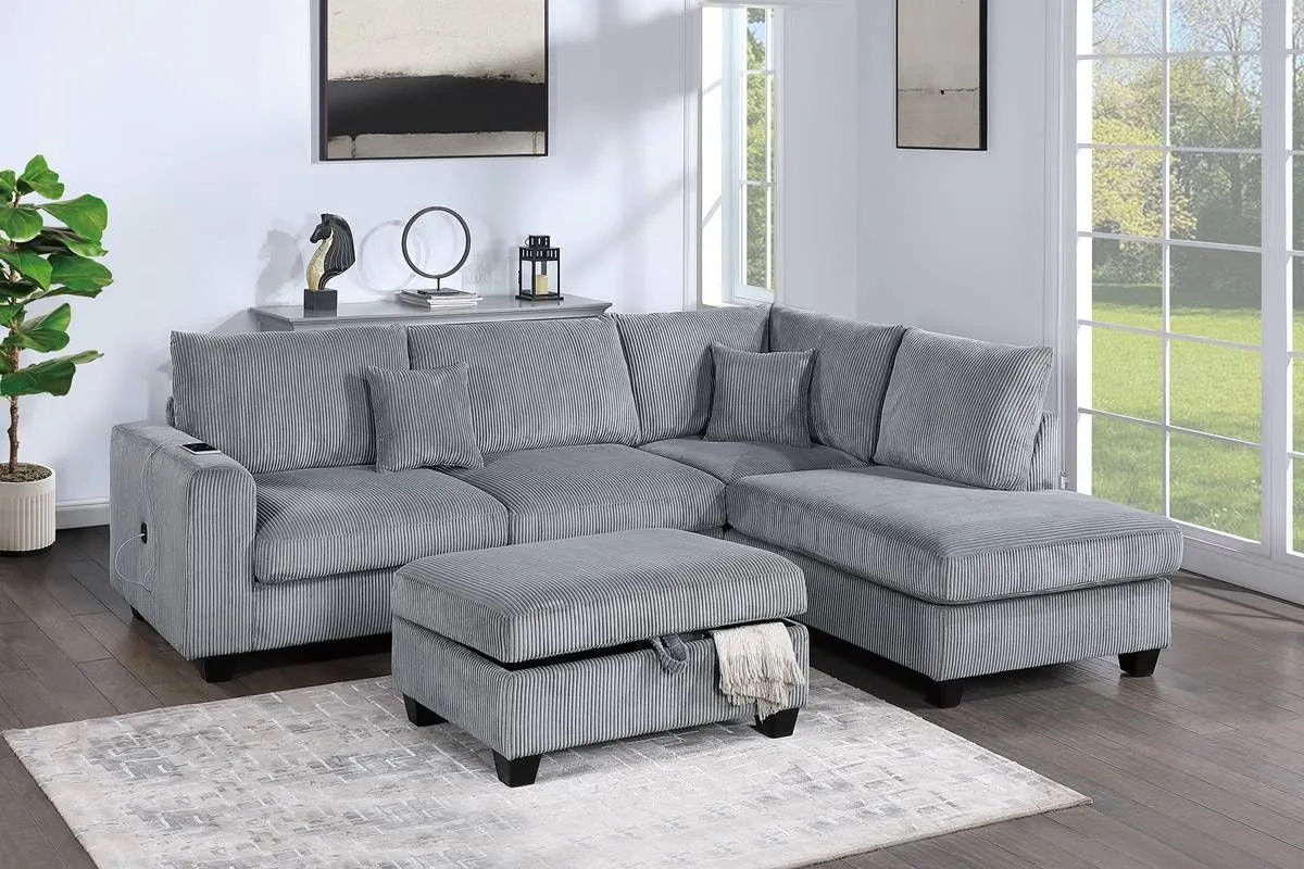 3-Piece Sectional Sofa (RAF Chaise + LAF Sofa W/ USB Port + Storage Ottoman)