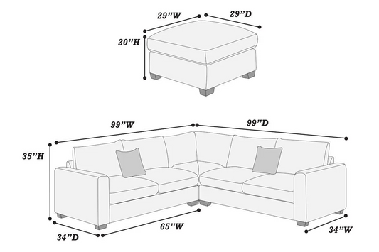 4-Piece Sectional Sofa with 2 Accent Pillows and Ottoman