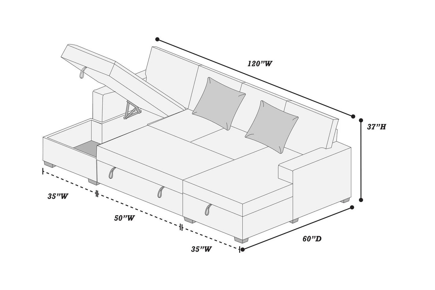 3-Piece Convertible Sectional (Sleeper Sofa & 2 Chaise Storage)