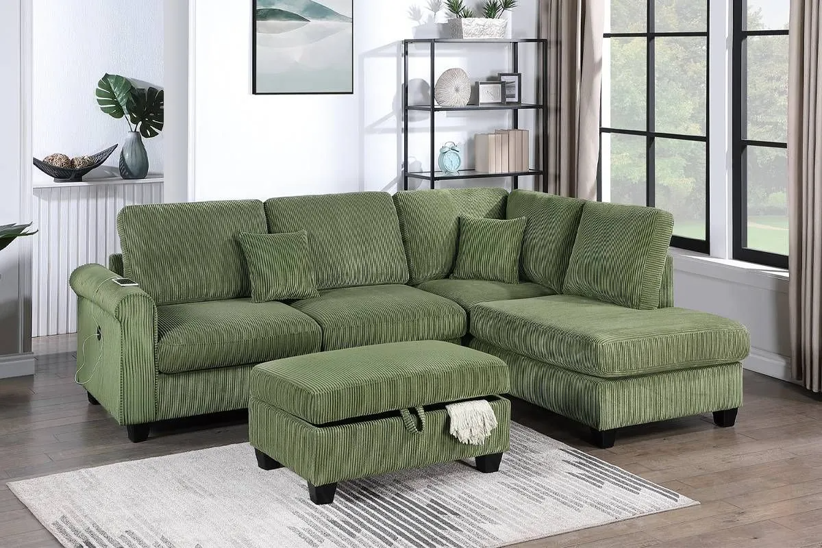 3-Piece Sectional Sofa (RAF Chaise + LAF Sofa W/ USB Port + Storage Ottoman)