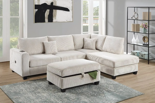 3-Piece Sectional Sofa (RAF Chaise + LAF Sofa W/ USB Port + Storage Ottoman)