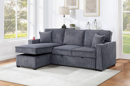 Convertible Sectional Sofa w/ Reversible Storage Chaise & USB Port & Cup Holders