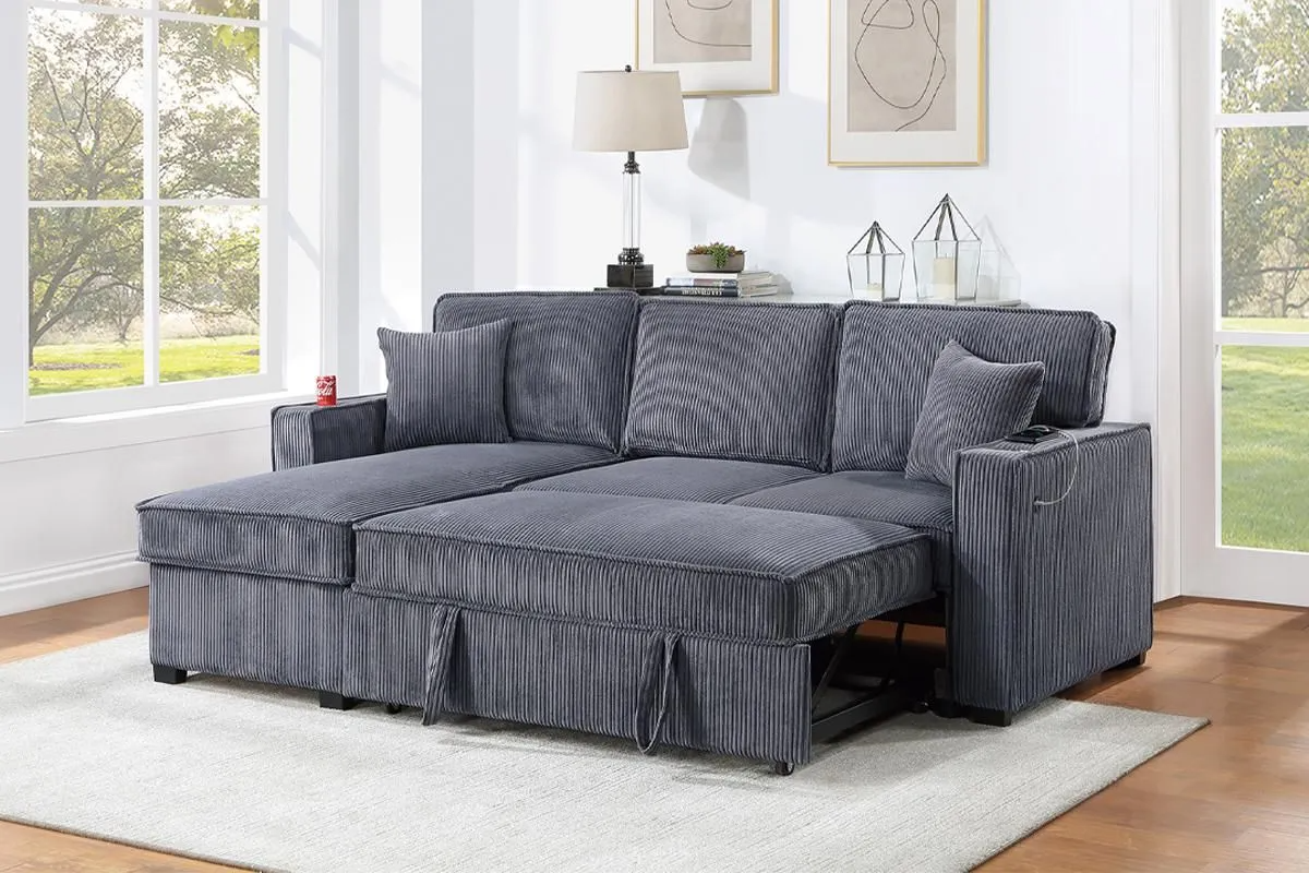 Convertible Sectional Sofa w/ Reversible Storage Chaise & USB Port & Cup Holders