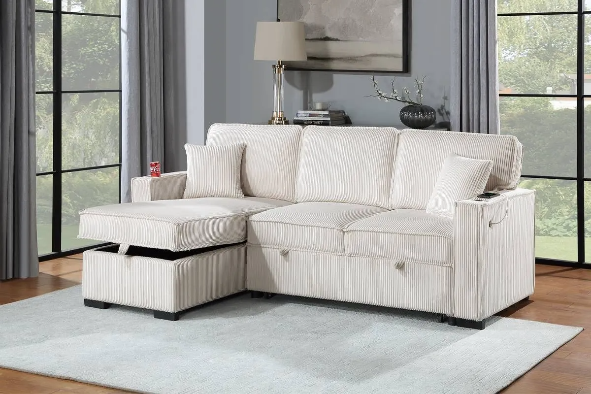 Convertible Sectional Sofa w/ Reversible Storage Chaise & USB Port & Cup Holders