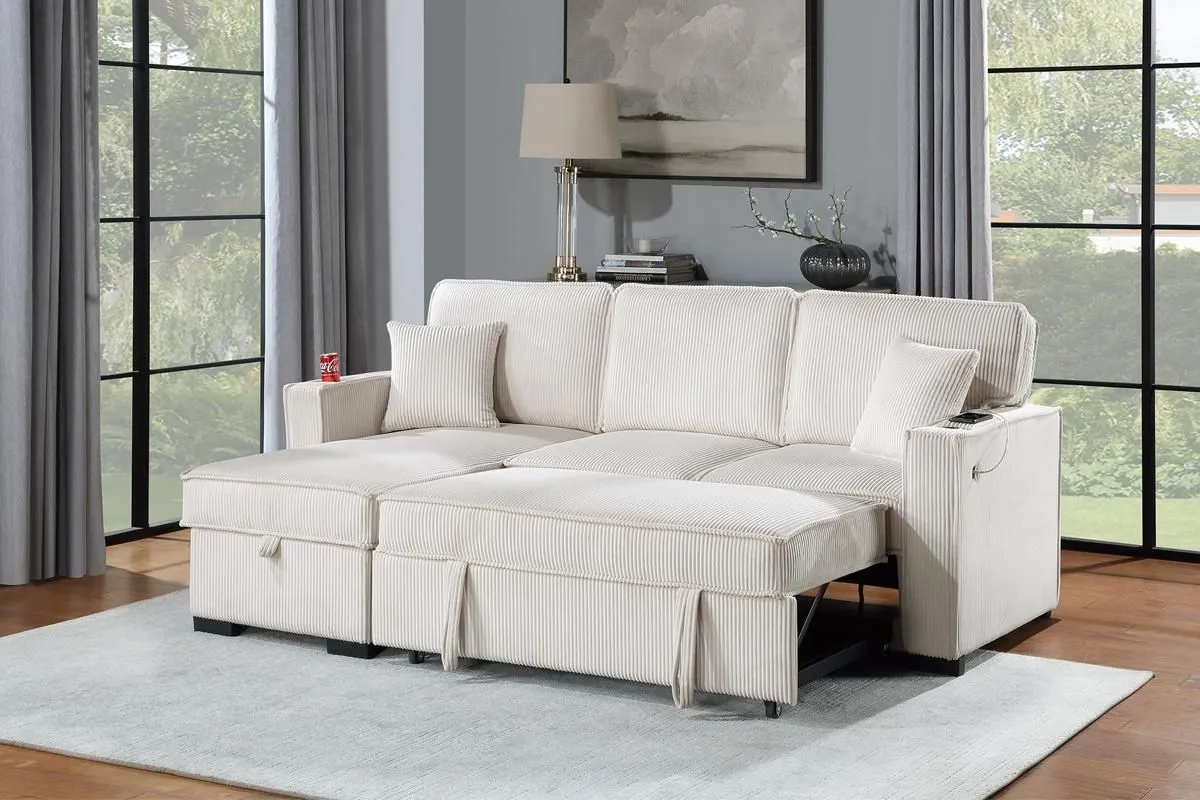 Convertible Sectional Sofa w/ Reversible Storage Chaise & USB Port & Cup Holders