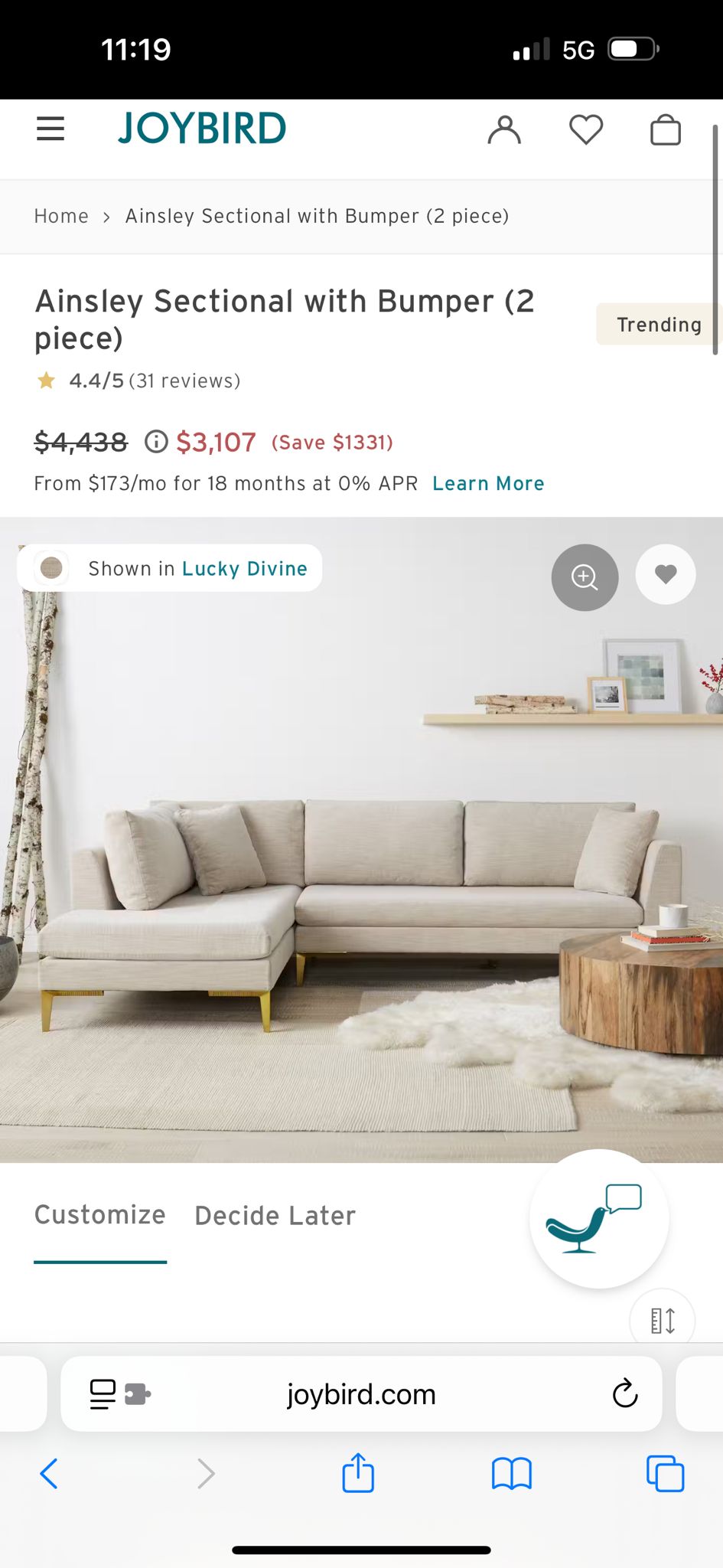 Joybird Ainsley Sectional Sofa W/ Bumper