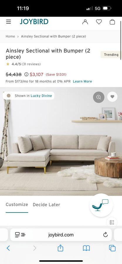Joybird Ainsley Sectional Sofa W/ Bumper