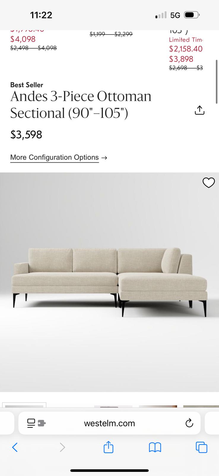 West Elm Andes 3-Piece Ottoman Sectional – Oatmeal Yarn-Dyed Weave