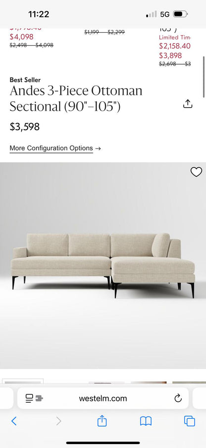 West Elm Andes 3-Piece Ottoman Sectional – Oatmeal Yarn-Dyed Weave