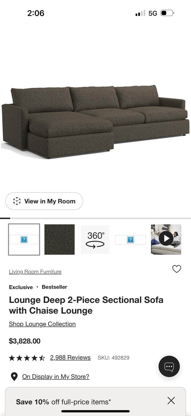 Crate and Barrel Lounge Deep 2-Piece Sectional with Chaise Lounge