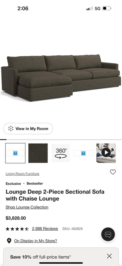 Crate and Barrel Lounge Deep 2-Piece Sectional with Chaise Lounge