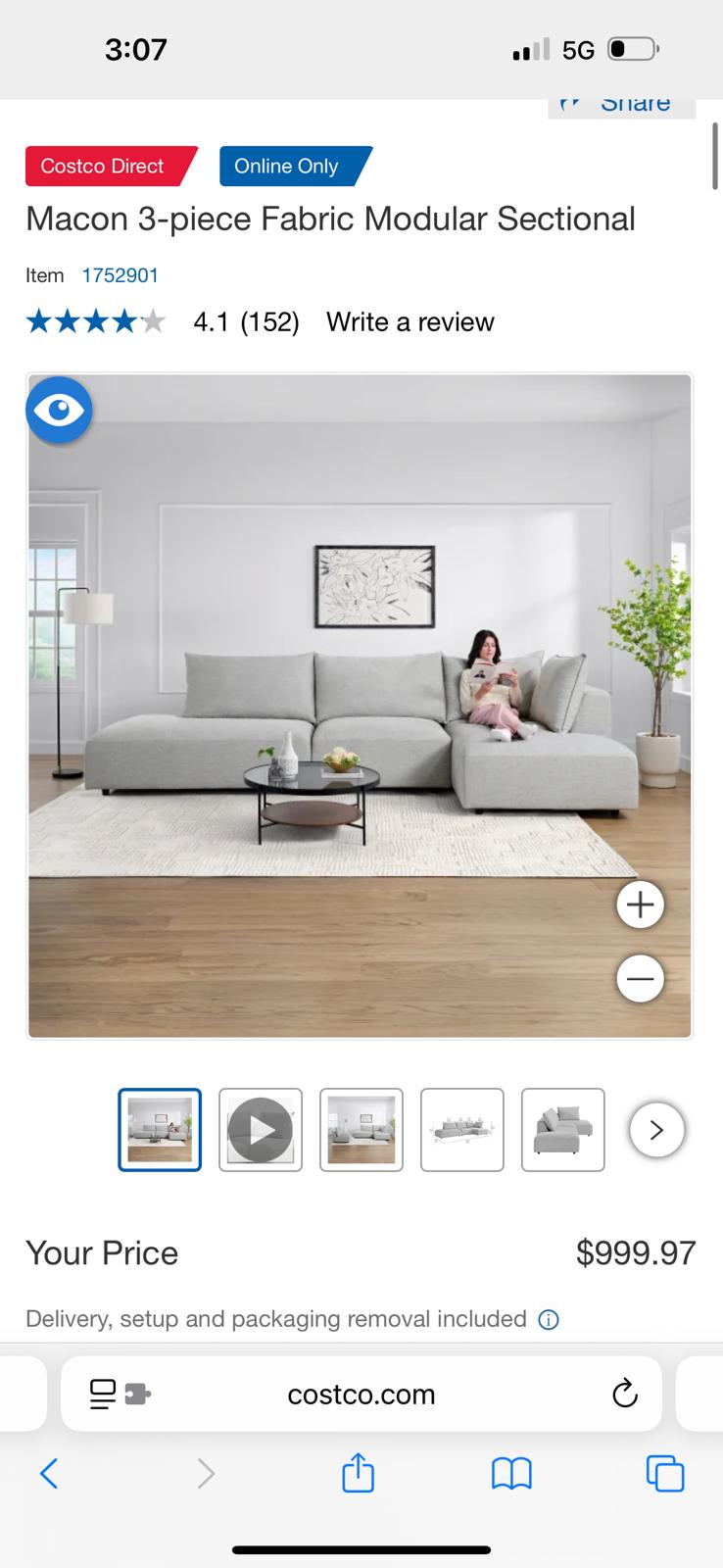 Macon 3-Piece Fabric Modular Sectional – Light Gray