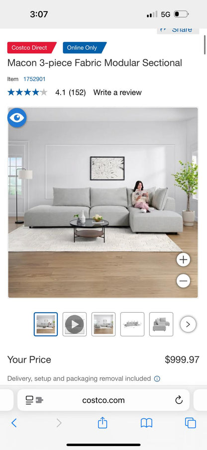 Macon 3-Piece Fabric Modular Sectional – Light Gray