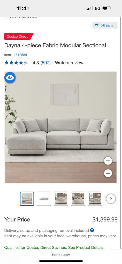 Costco Dayna 3-Piece Modular Sectional (Delivery Available)