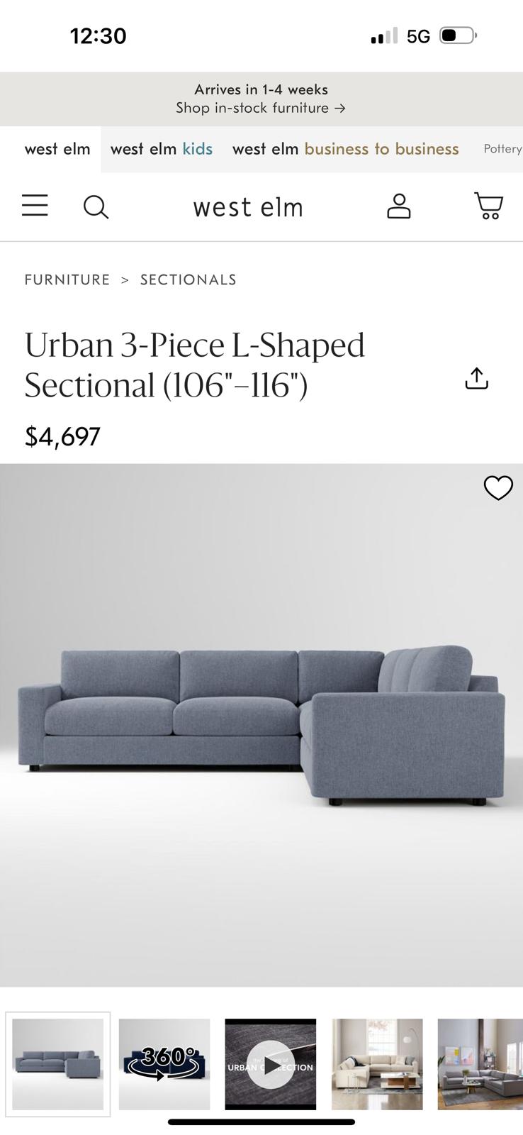 West Elm Urban Sectional – Performance Linen Graphite