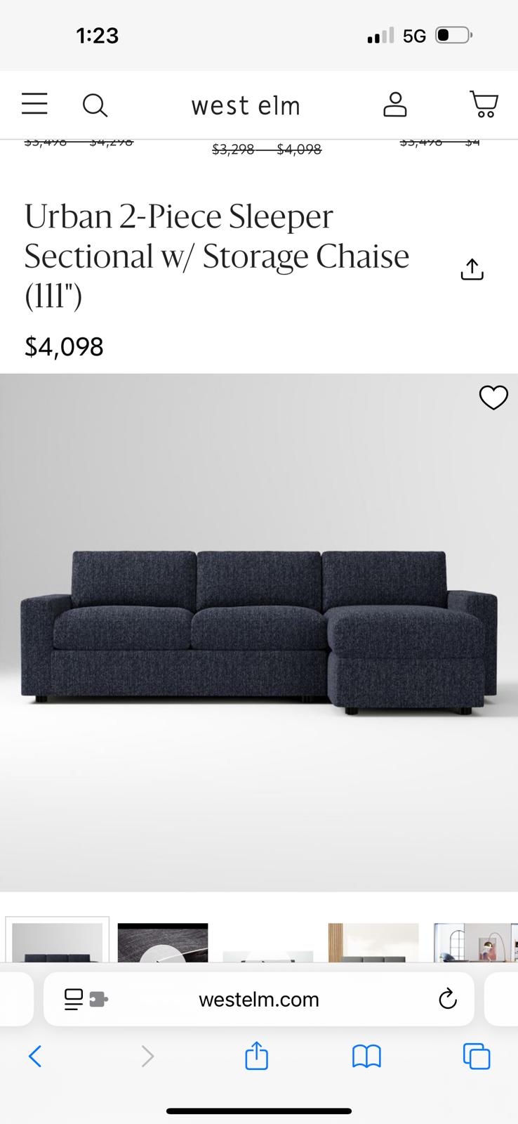 West Elm Urban 2-Piece Sleeper Sectional w/ Storage Chaise – Basket Weave, Midnight