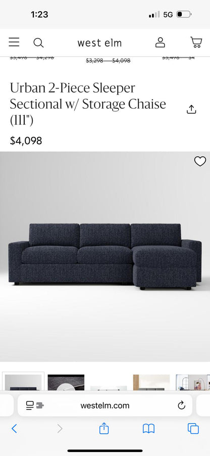 West Elm Urban 2-Piece Sleeper Sectional w/ Storage Chaise – Basket Weave, Midnight
